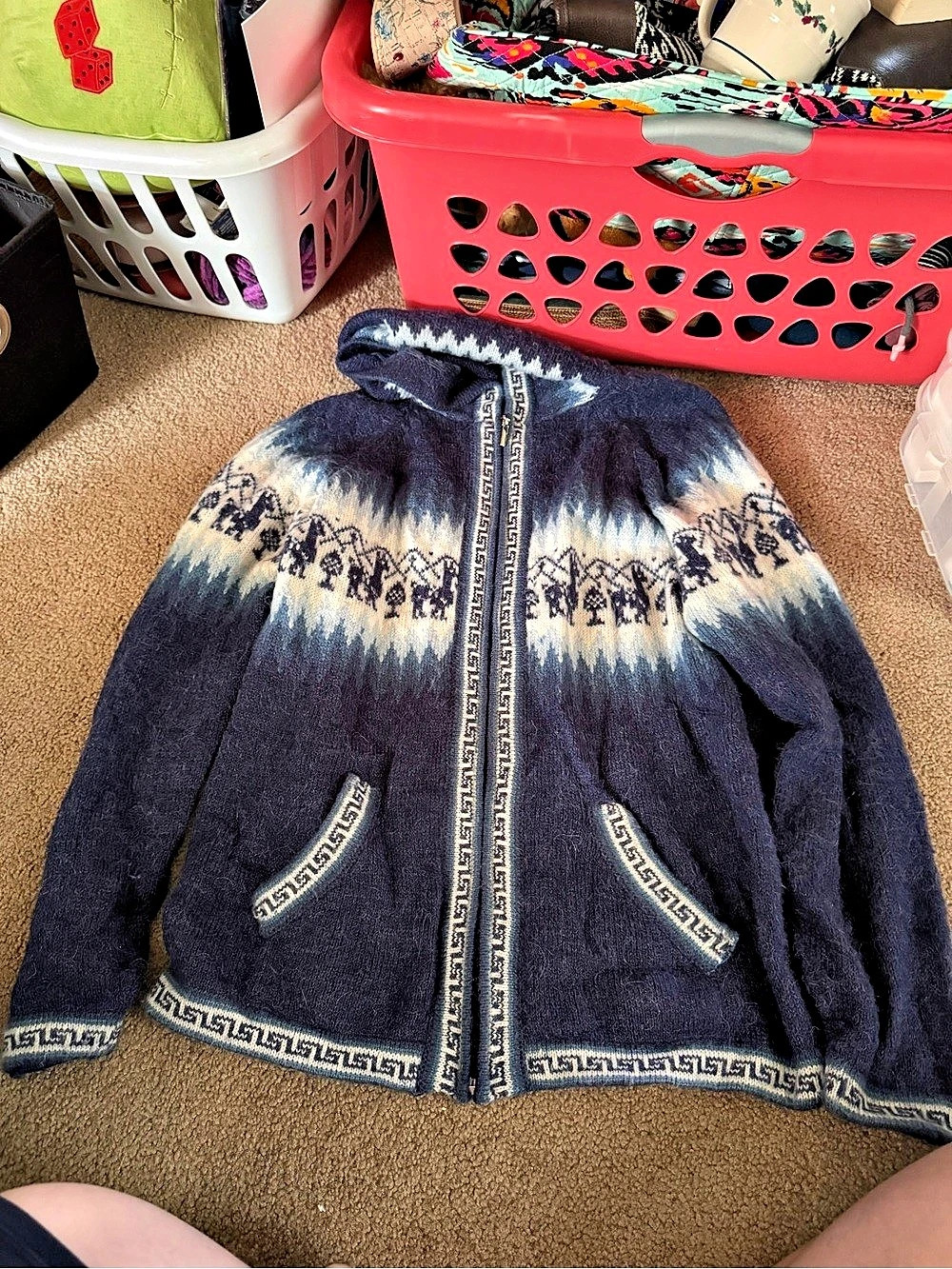 Alpaca Connection Alpaca Blend Zip Cardigan in Blue & White